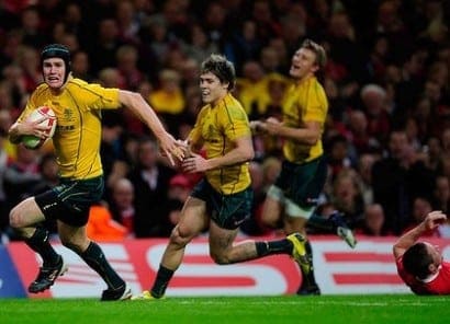 Berrick Barnes and James O'Connor for the Wallabies against Wales.