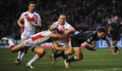 Chris Bailey scores for the London Broncos Chris Bailey scores for the London Broncos