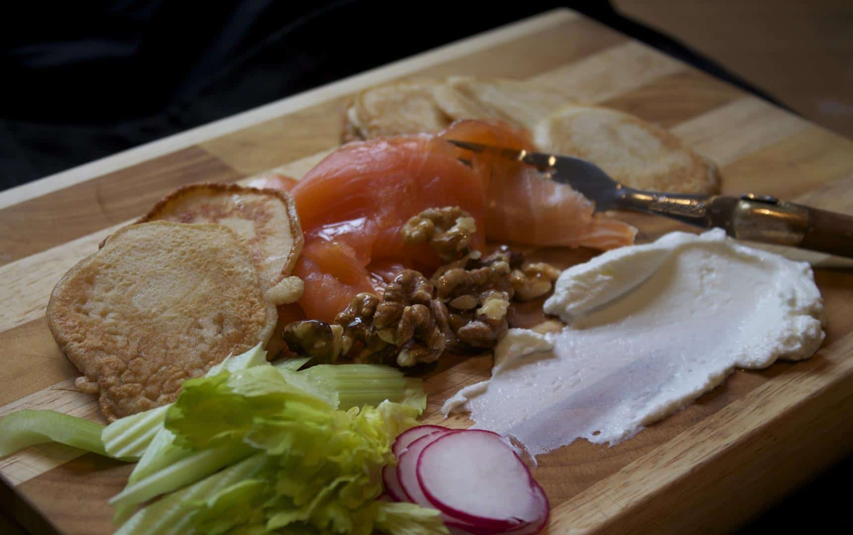 Serving up salmon, with buckwheat blinis