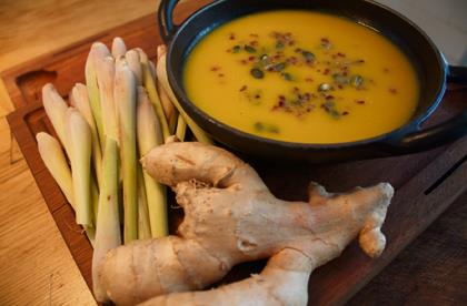 Spiced butternut squash soup with ginger and smoked pancetta