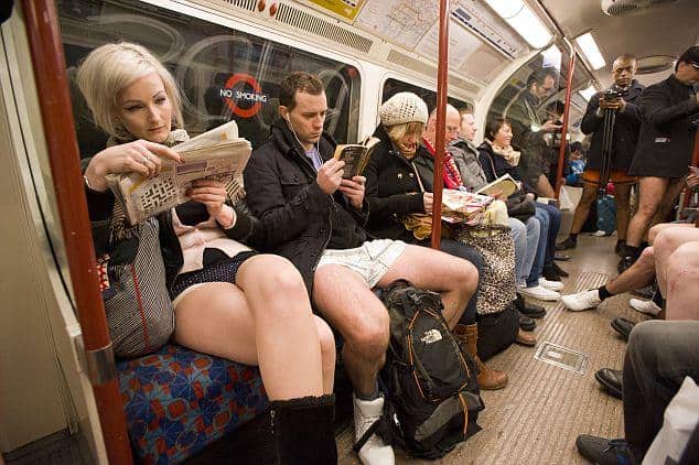 The second annual Don't Wear Your Trousers on the Tube event. London, Britain