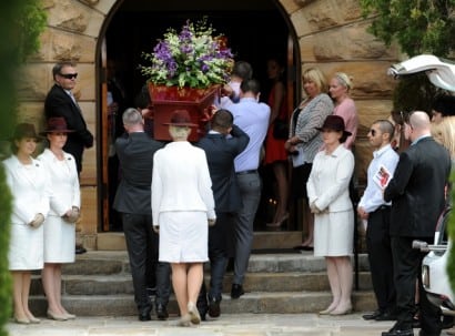 Mourners assemble at the funeral for Gary Tweddle, in Sydney, on Friday, Sept. 13, 2013. 23 year old Mr Tweddle became lost and fell from a cliff in the Blue Mountains while attending a work conference. (AAP Image/Dan Himbrechts) NO ARCHIVING