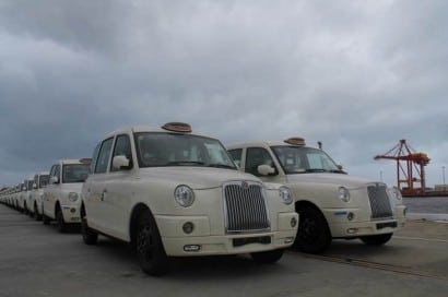 A supplied image obtained Monday, Sep. 16, 2013 of London-style cabs, painted white and imported from China, seen at Fremantle port in Perth. The cabs are set to be trialled in Australia in a bid to convince local authorities around the country to purchas