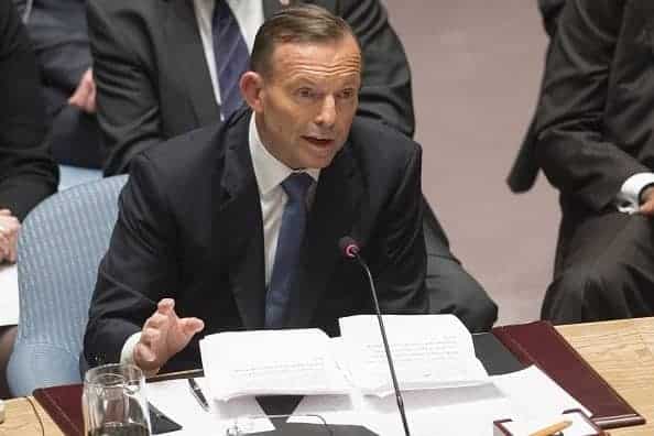 Australian Prime Minister Tony Abbott speaks during a UN Security Council summit meeting on foreign terrorist fighters during the United Nations General Assembly at the United Nations in New York, September 24, 2014. AFP PHOTO / Saul LOEB        (Photo credit should read SAUL LOEB/AFP/Getty Images)