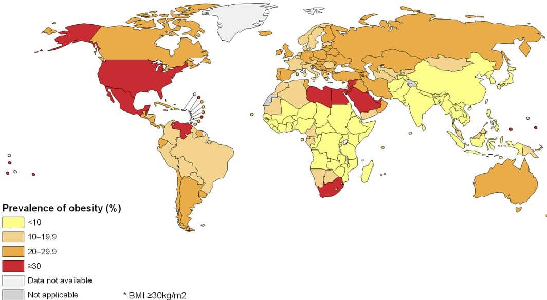 Global distribution of obesity, according to the World Health Organisation.