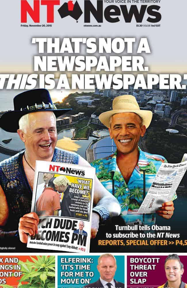 NT News front page - Malcolm Turnbull and Barack Obama