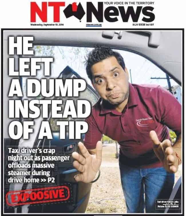 NT news - poo taxi - front page