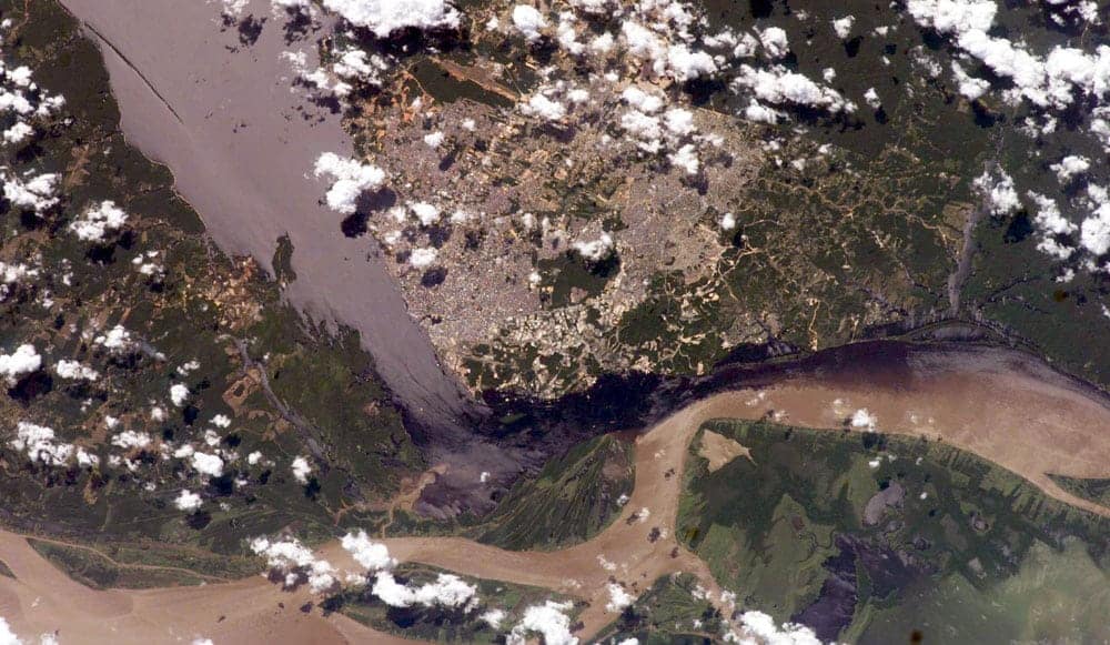Meeting of the waters near Manaus, Brazil (By National Aeronautics and Space Administration (NASA) - NASA [Image galleries], Public Domain)