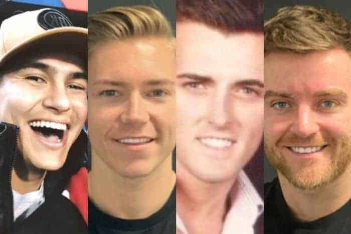 Heroes after apprehending alleged attacker: (L-R) Alex Roberts, Lee Cuthbert, Luke O'Shaughnessy and Paul O'Shaughnessy (Via: Facebook)