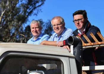 Nationals leader and Deputy Prime Minister, Michael McCormack (left) with Prime Minister Scott Morrison (centre). (Mick Tsikas/AAP/The Conversation)