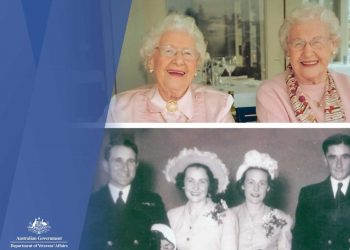This photograph was issued by the Department of Veterans’ Affairs on the twins’ 100th birthday and shows them as they are now and as they were with their Navy husbands.