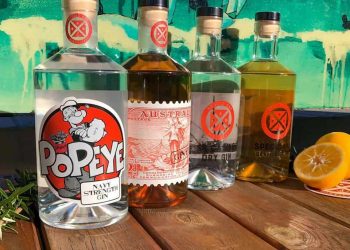 Apollo Bay Distillery’s gin range, with SS Casino Dry Gin second from right. Photo: Distillery Facebook page