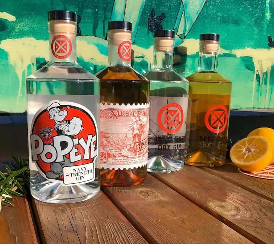 Apollo Bay Distillery’s gin range, with SS Casino Dry Gin second from right. Photo: Distillery Facebook page