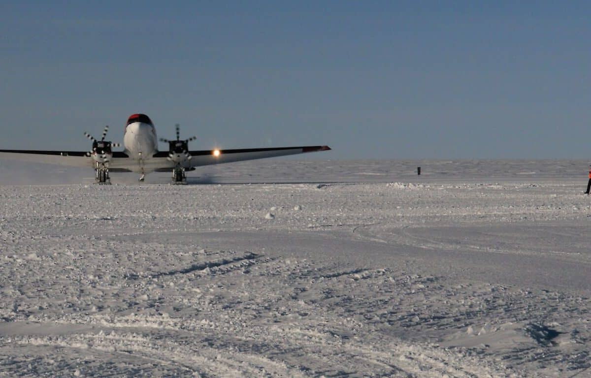 The Basler aircraft lands on the ski-way to collect the ill Australian. Photo credit: Australian Antarctic Division