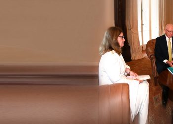Governor General David Hurley receives the report of the aged care royal commission from Commissioner Lynelle Briggs at Admiralty House in Sydney, Friday. Dan Himbrechts/AAP