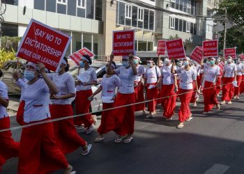 Nurses in Myanmar have been striking since February to protest the military coup. STR/AFP via Getty Images