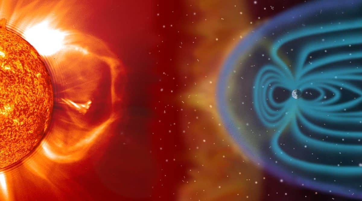 Earth’s magnetic field protects us from the solar wind, guiding the solar particles to the polar regions. SOHO (ESA & NASA)