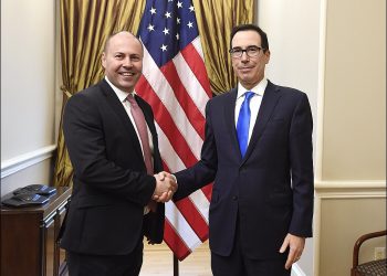 Josh Frydenberg (left) with US Secretary of the Treasury, Steven Mnuchin, during a meeting of the IMF in Washington DC in 2019.  Photo credit: Wikimedia Commons