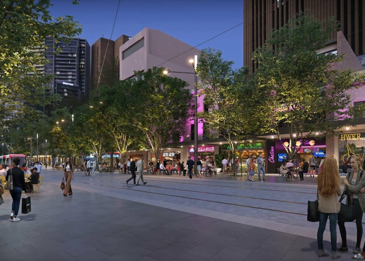 An artist’s impression of George Street, pedestrianised between Hay Street and Rawson Place. Photo credit: City of Sydney
