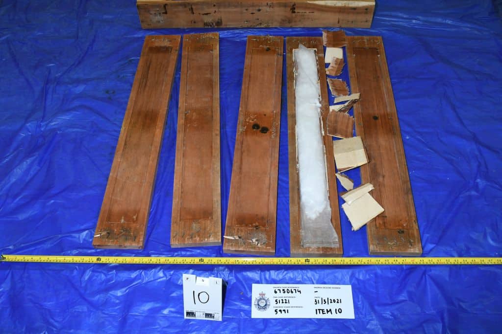 Part of the meth consignment hidden inside wooden pallets. Photo credit: Australian Federal Police