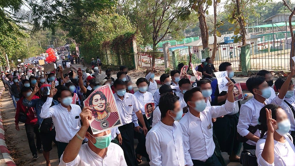 People in Myanmar protest against the military coup. Photo credit: Wikimedia Commons