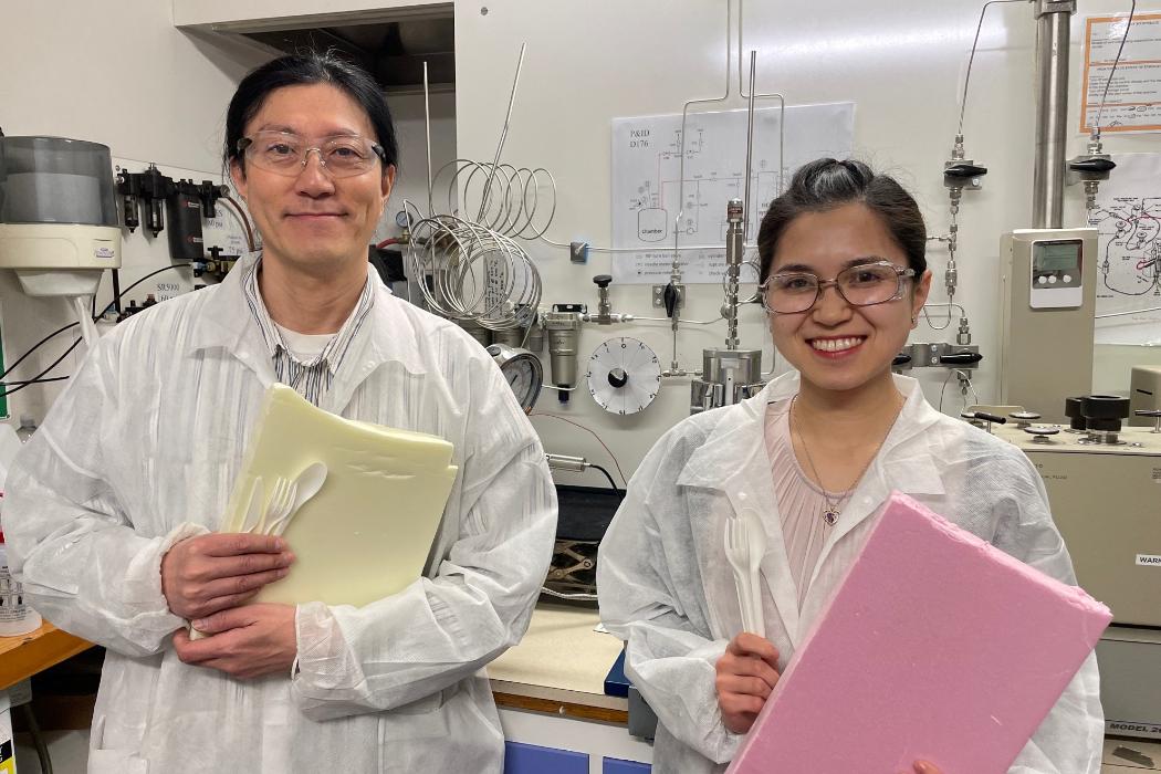 University of Canterbury academic, Dr Heon Park, and co-author and Engineering PhD student, Lilian Lin, with examples of the materials they're studying. Photo credit: University of Canterbury