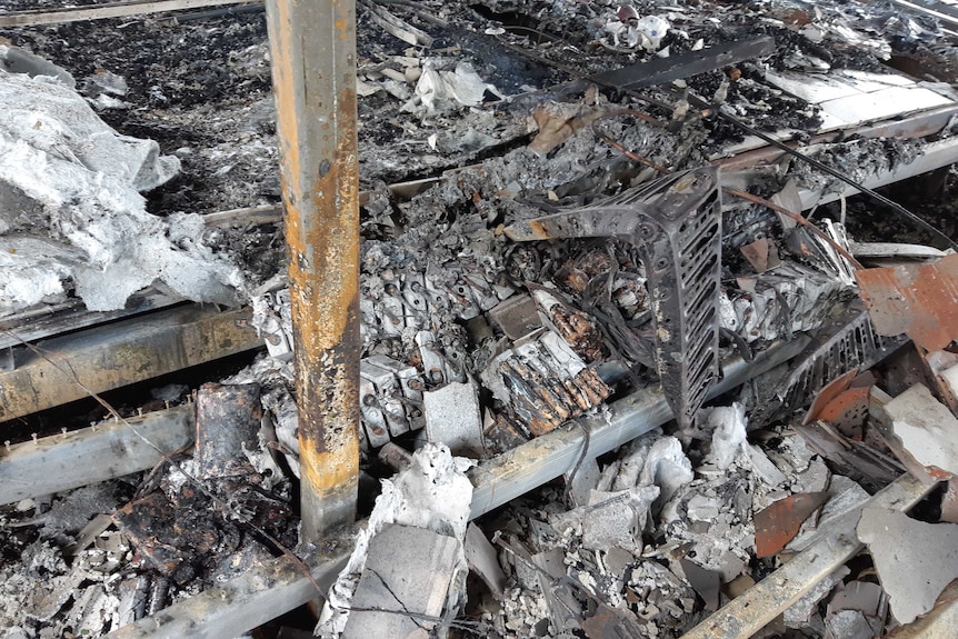 Remains of lithium-ion batteries believed to have caused a major fire in Queensland. Photo credit: Queensland Fire and Emergency Service